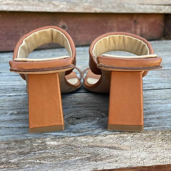 Neil J. Rodgers Chriselle Wedge Cognac Leather Square Toe Geo Mod Heel Sandals - Picture 7 of 10